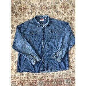 Wrangler Denim Western Shirt Mens 3XL Blue Snap Button Long Sleeve Top Big Tall